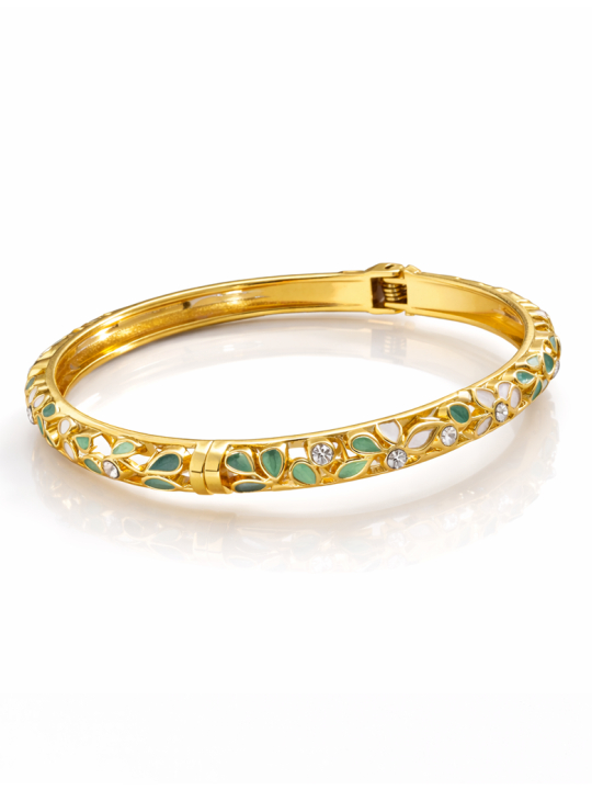 Bracelet jonc doré en acier inoxydable 55 mm – Motifs floraux vert et blanc émaillés