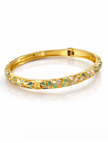 Bracelet jonc doré en acier inoxydable 55 mm – Motifs floraux vert et blanc émaillés