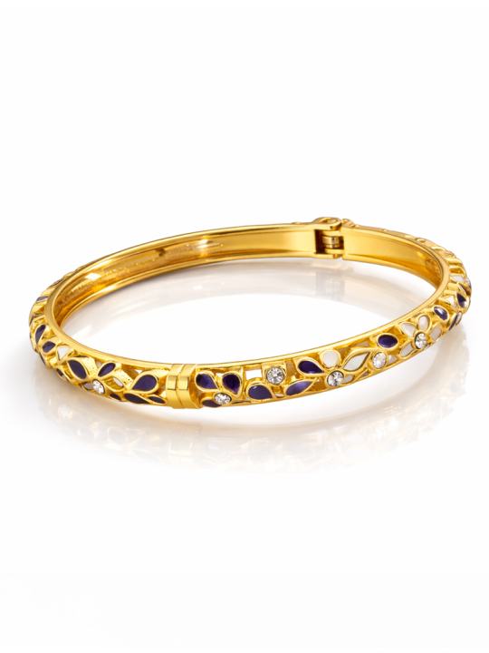 Bracelet jonc doré en acier inoxydable 55 mm – Motifs floraux bleu et blanc émaillés