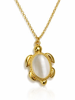 Collier tortue doré en acier inoxydable avec pierre blanche ovale