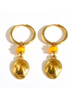 Boucles d’Oreilles Créoles Dorées en Acier Inoxydable avec Perle Jaune et Pendentif Ovale