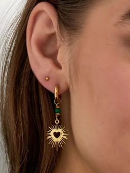 Boucles d’Oreilles Créoles Soleil Cœur Dorées en Acier Inoxydable avec Perle Verte