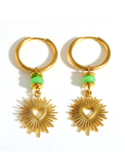 Boucles d’Oreilles Créoles Soleil Cœur Dorées en Acier Inoxydable avec Perle Verte