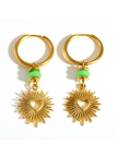 Boucles d’Oreilles Créoles Soleil Cœur Dorées en Acier Inoxydable avec Perle Verte