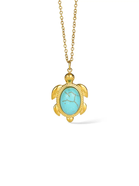 Collier Tortue Turquoise Doré en Acier Inoxydable – Pendentif Pierre Bleue Style Bohème Chic