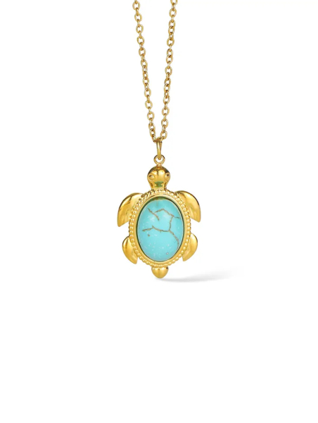 Collier Tortue Turquoise Doré en Acier Inoxydable – Pendentif Pierre Bleue Style Bohème Chic