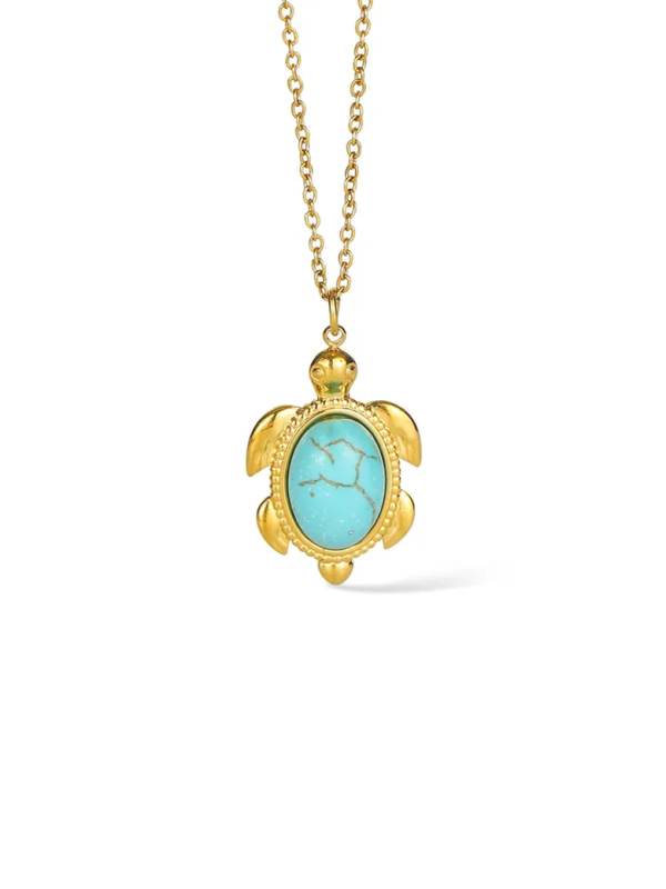Collier Tortue Turquoise Doré en Acier Inoxydable – Pendentif Pierre Bleue Style Bohème Chic