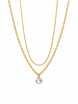 Collier Double Chaîne Doré en Acier Inoxydable avec Pendentif Cristal
