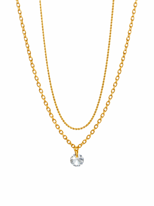 Collier Double Chaîne Doré en Acier Inoxydable avec Pendentif Cristal