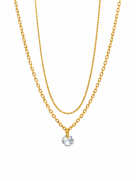 Collier Double Chaîne Doré en Acier Inoxydable avec Pendentif Cristal