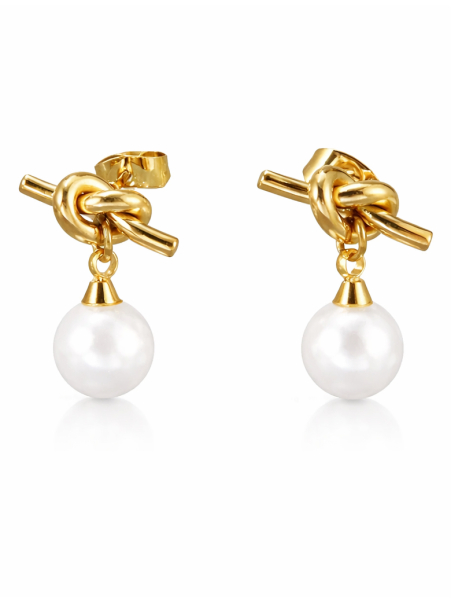 Boucles d’Oreilles Nœud Dorées en Acier Inoxydable avec Perle Blanche