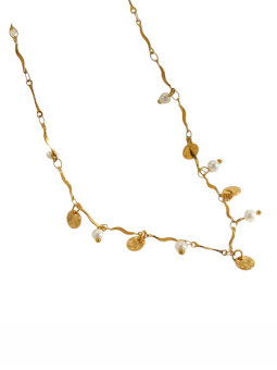 Collier Chaîne Ondulée Perles Blanches et Pampilles Doré en Acier Inoxydable
