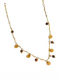 Collier Chaîne Ondulée Pampilles et Perles Marron Doré en Acier Inoxydable