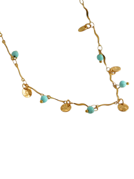 Collier Chaîne Ondulée Pampilles et Perles Turquoise Doré en Acier Inoxydable