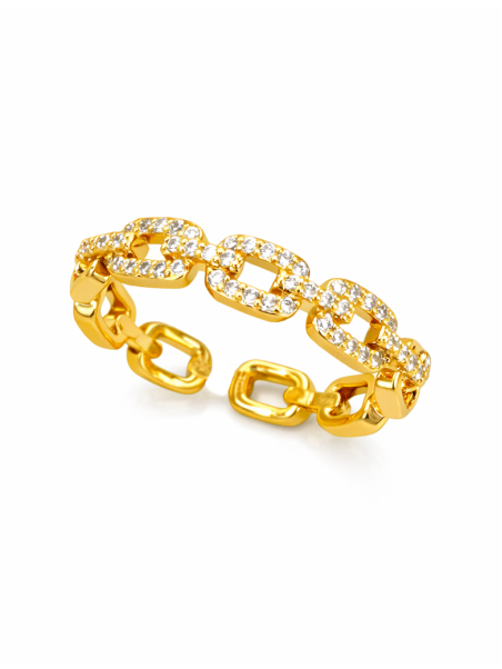 Bague Chaîne Dorée en Acier Inoxydable avec Maillons Sertis Zircons