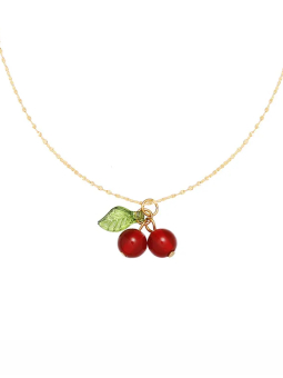 Collier Cerises Rouge & Feuille Verte Doré en Acier Inoxydable