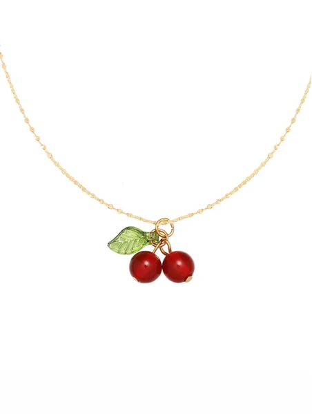 Collier Cerises Rouge & Feuille Verte Doré en Acier Inoxydable