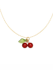 Collier Cerises Rouge & Feuille Verte Doré en Acier Inoxydable
