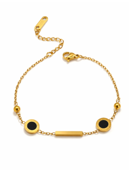 Bracelet Barre Minimaliste & Médaillons Noirs Doré en Acier Inoxydable
