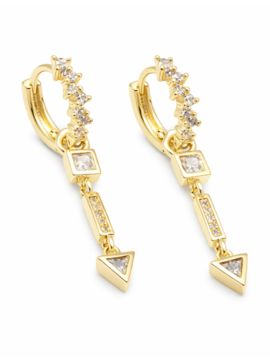 Boucles d’Oreilles Pendantes Géométriques Zircon Plaqué Or 18K – Design Moderne et Brillant