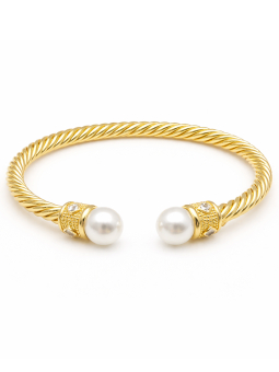 Bracelet Jonc Torsadé Perles Blanches Plaqué Or 18K – Diamètre 60 mm Élégant