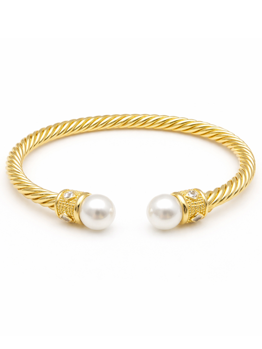 Bracelet Jonc Torsadé Perles Blanches Plaqué Or 18K – Diamètre 60 mm Élégant