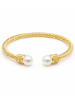 Bracelet Jonc Torsadé Perles Blanches Plaqué Or 18K – Diamètre 60 mm Élégant