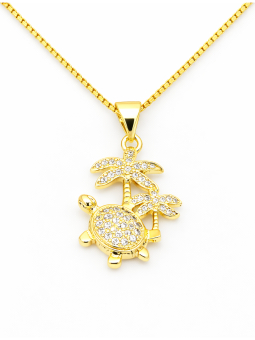 Collier Tortue & Palmiers Zircon Plaqué Or 18K – Chaîne 45 cm et Pendentif 20 mm