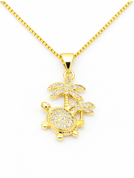 Collier Tortue & Palmiers Zircon Plaqué Or 18K – Chaîne 45 cm et Pendentif 20 mm