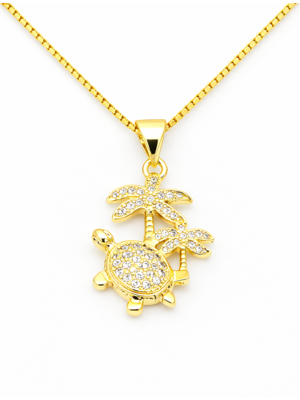 Collier Tortue & Palmiers Zircon Plaqué Or 18K – Chaîne 45 cm et Pendentif 20 mm