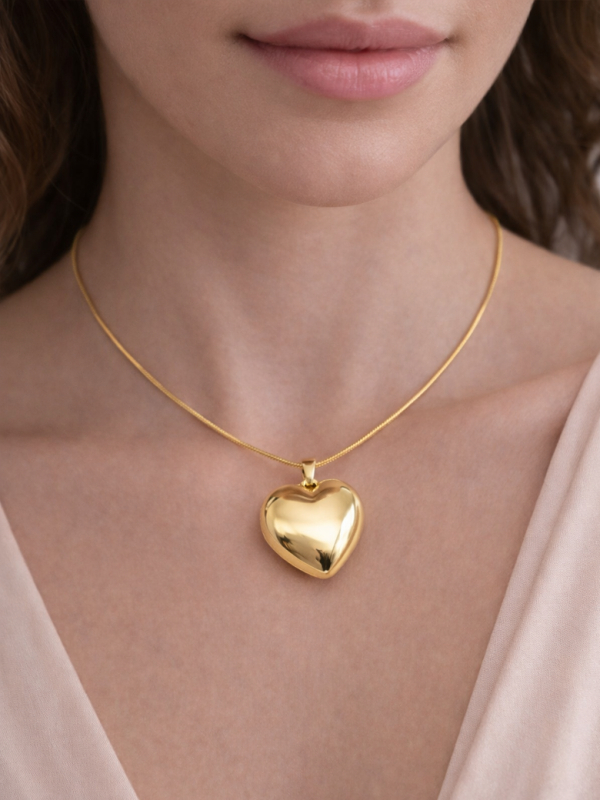 Collier Cœur Bombé Plaqué Or 18K – Pendentif 30 mm & Chaîne 45 cm