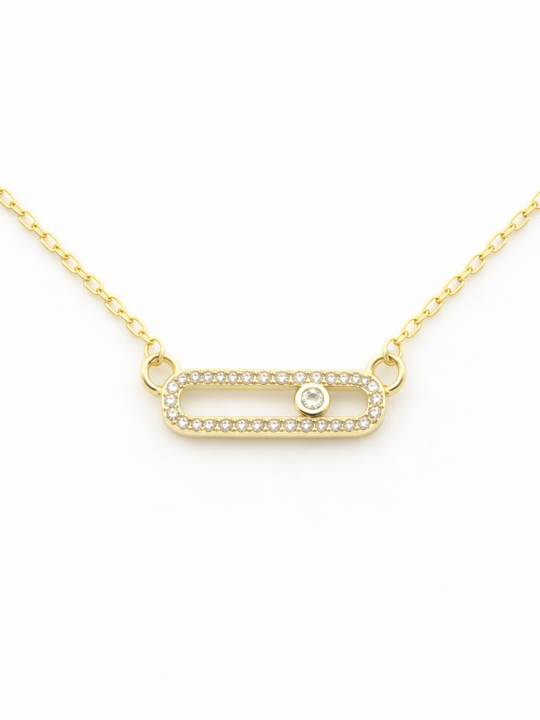 Collier Barre Ovale Sertie Plaqué Or 18K – Pendentif 20 mm & Chaîne 45 cm