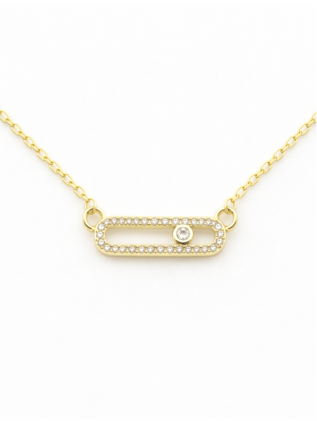 Collier Barre Ovale Sertie Plaqué Or 18K – Pendentif 20 mm & Chaîne 45 cm