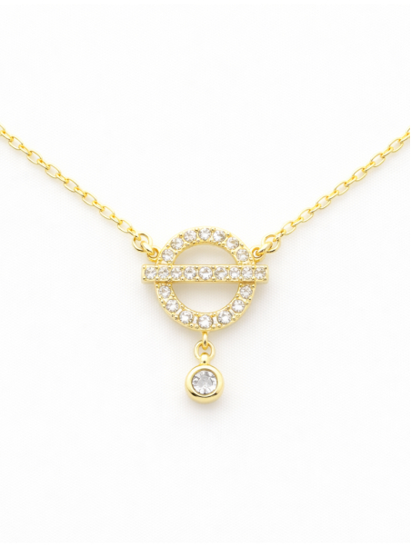 Collier Cercle Géométrique Sertie Plaqué Or 18K – Pendentif 20 mm & Chaîne 45 cm