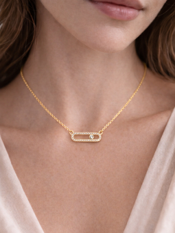 Collier Barre Ovale Sertie Plaqué Or 18K – Pendentif 20 mm & Chaîne 45 cm