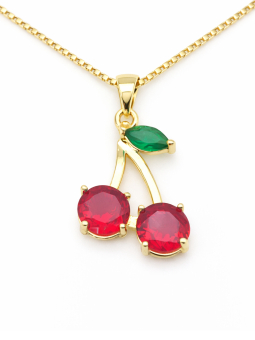 Collier Cerises Rouges Plaqué Or 18K – Pendentif 20 mm & Chaîne 45 cm