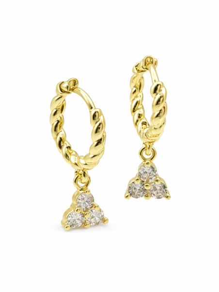 Boucles d’Oreilles Créoles Torsadées Doré Plaqué Or avec Pampilles Cristal