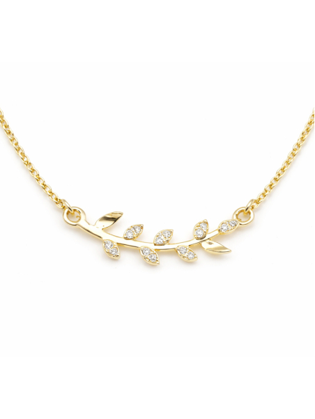 Collier Branche Feuilles Zircon Doré Plaqué Or 18K