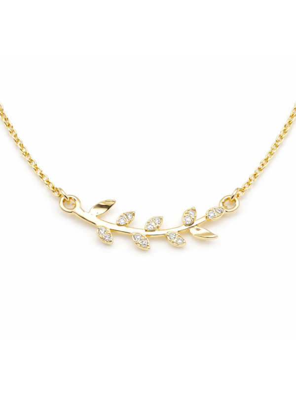 Collier Branche Feuilles Zircon Doré Plaqué Or 18K