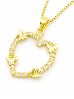 Collier Cœur Papillons Zircon Doré Plaqué Or 18K – Pendentif 20 mm