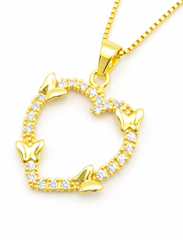 Collier Cœur Papillons Zircon Doré Plaqué Or 18K – Pendentif 20 mm