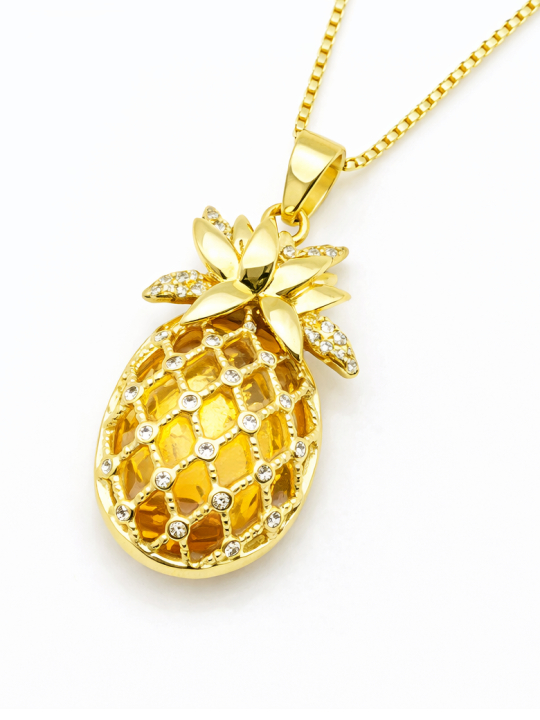 Collier Ananas Zircon Doré Plaqué Or 18K – Pendentif 27 mm
