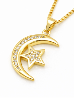 Collier Lune Étoile Zircon Doré Plaqué Or 18K – Pendentif 25 mm