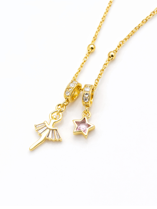 Collier Ange & Étoile Rose Doré Plaqué Or 18K – Pendentif 30 mm
