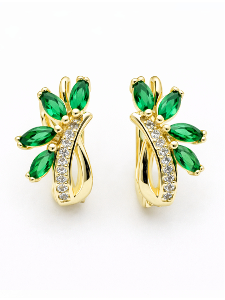 Boucles d’Oreilles Feuillage Vert Émeraude Plaqué Or 18K – Hauteur 15 mm