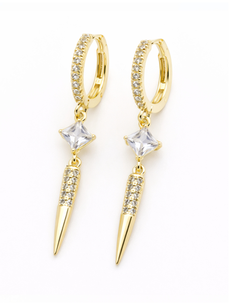 Boucles d’Oreilles Pendantes Pointe & Zircon Dorées Plaqué Or 18K – Hauteur 40 mm