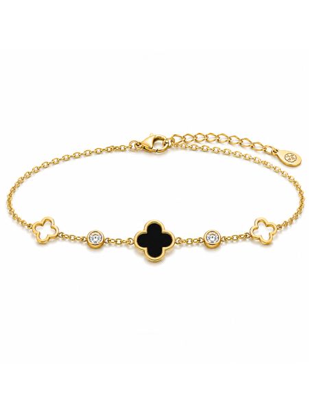 Bracelet Chaîne en Acier Inoxydable Doré avec Trèfle Noir et Zircons – Élégance et Raffinement