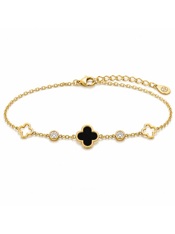Bracelet Chaîne en Acier Inoxydable Doré avec Trèfle Noir et Zircons – Élégance et Raffinement