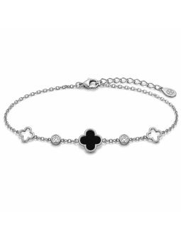 Bracelet Chaîne en Acier Inoxydable Argenté avec Trèfle Noir et Zircons – Élégance Moderne et Intemporelle