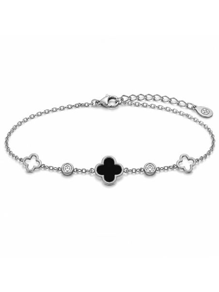 Bracelet Chaîne en Acier Inoxydable Argenté avec Trèfle Noir et Zircons – Élégance Moderne et Intemporelle
